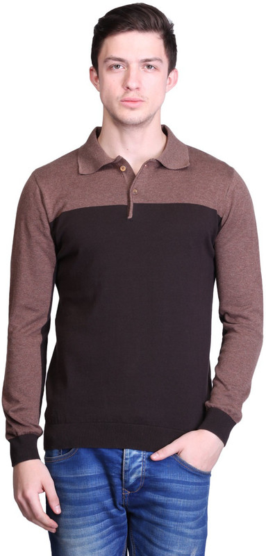 Kalt Striped Men Polo Neck Brown T-Shirt