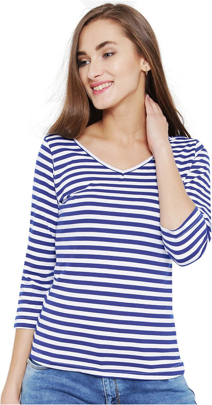 Vea Kupia Striped Women V-neck White, Blue T-Shirt
