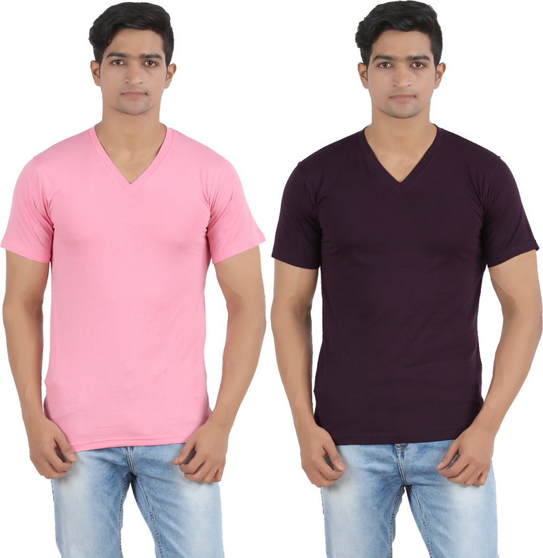 Lyril Solid Men V-neck Pink, Black T-Shirt(Pack of 2)