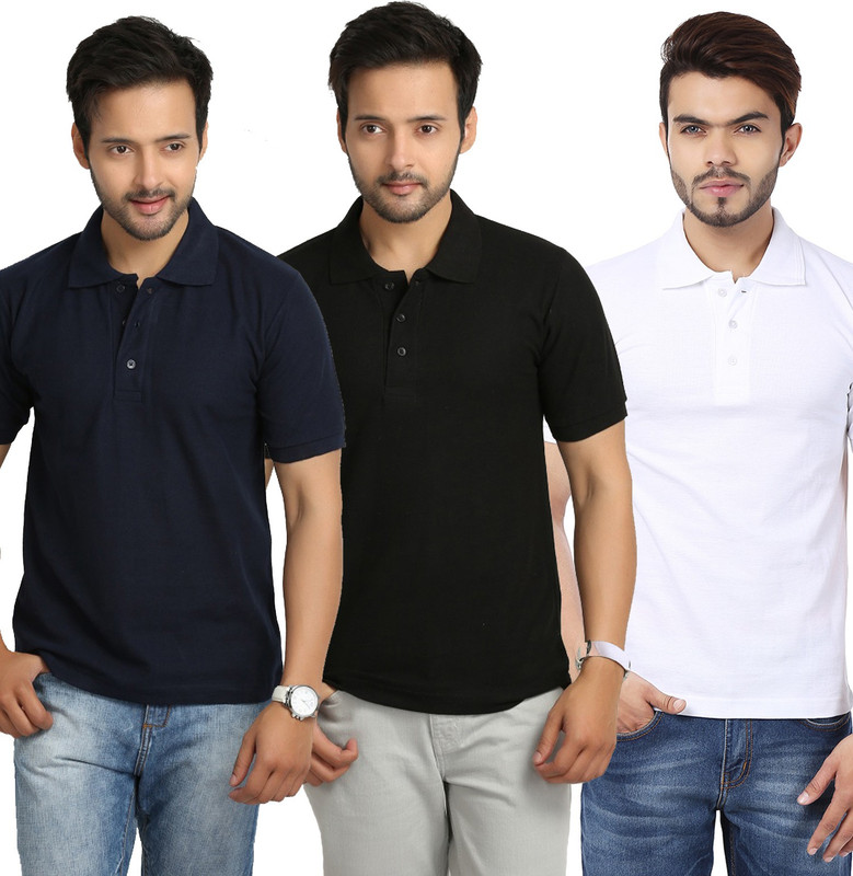 Weardo Solid Men Polo Neck Black, Blue, White T-Shirt(Pack of 3)