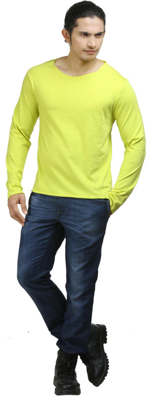 Oviyon Solid Men Boat Neck Gold T-Shirt