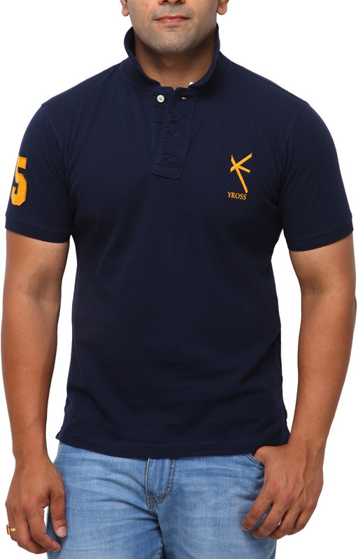 Yross Designs Solid Men Polo Neck Dark Blue T-Shirt