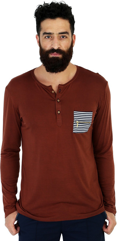Mr Button Solid Men Henley Brown T-Shirt