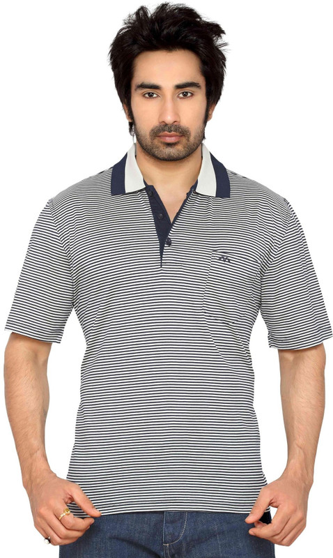 Thinc Striped Men Polo Neck White, Blue T-Shirt