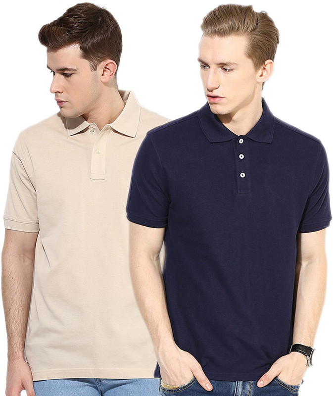 Go India Store Solid Men Polo Neck Beige, Dark Blue T-Shirt(Pack of 2)