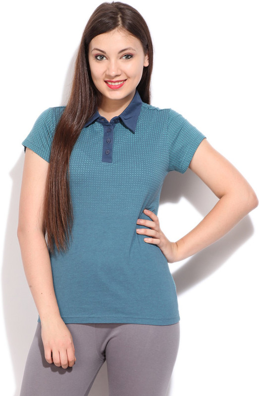 ADIDAS Printed Women Polo Neck Blue T-Shirt