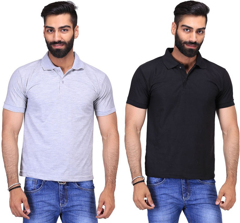 Fuego Solid Men Polo Neck Black, Grey T-Shirt(Pack of 2)