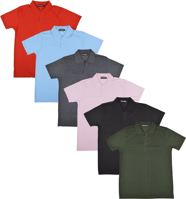 Pintapple Solid Men Polo Neck Black, Pink, Grey, Light Blue, Red, Dark Green T-Shirt(Pack of 6)