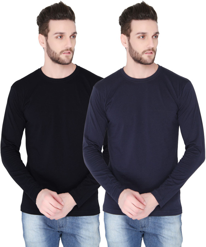 Joke Tees Solid Men Round Neck Black, Dark Blue T-Shirt(Pack of 2)