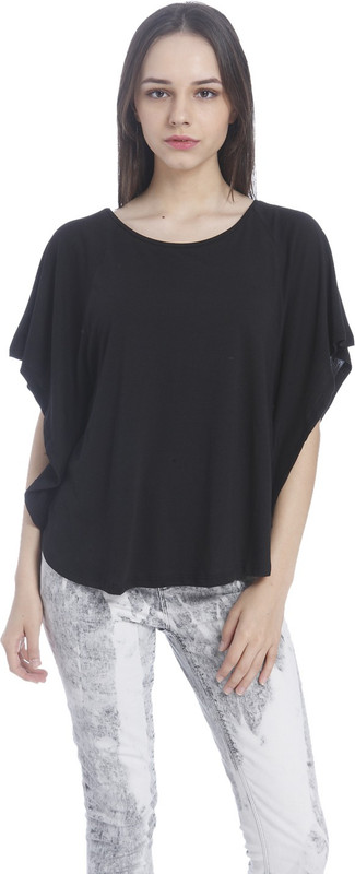 Only Solid Women Boat Neck Black T-Shirt