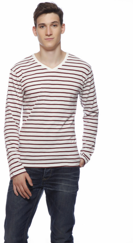 Gritstones Striped Men V-neck White T-Shirt