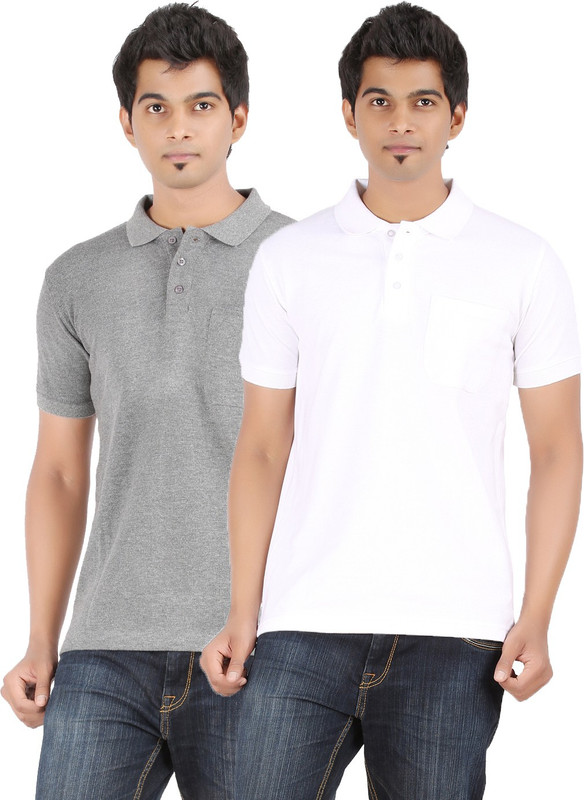 Ap'pulse Solid Men Polo Neck Grey, White T-Shirt(Pack of 2)
