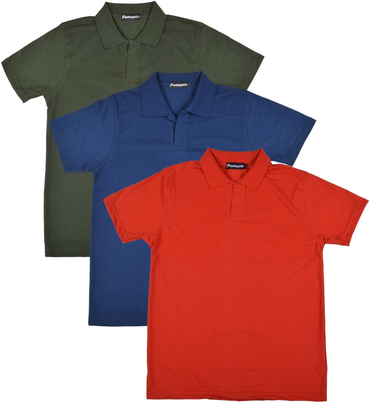 Pintapple Solid Men Polo Neck Red, Dark Blue, Dark Green T-Shirt(Pack of 3)