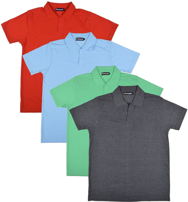 Pintapple Solid Men Polo Neck Grey, Light Green, Light Blue, Red T-Shirt(Pack of 4)