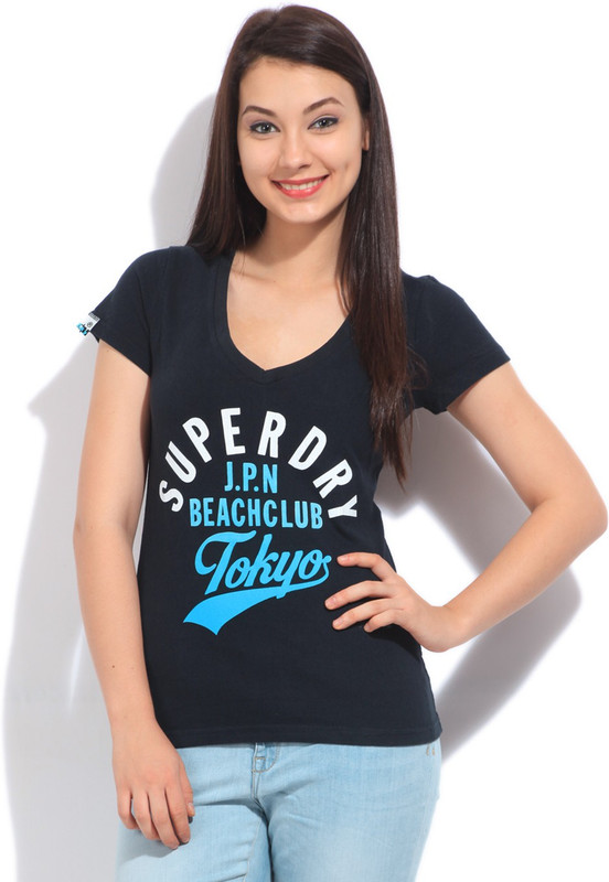 Superdry Printed Women V-neck Dark Blue T-Shirt