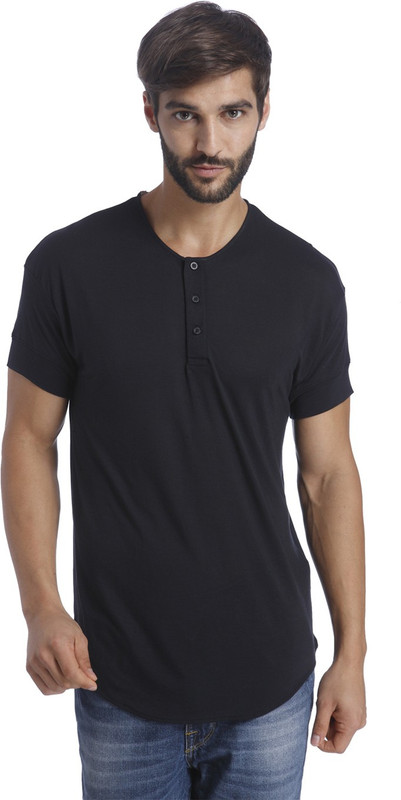 Selected Solid Men Henley Black T-Shirt