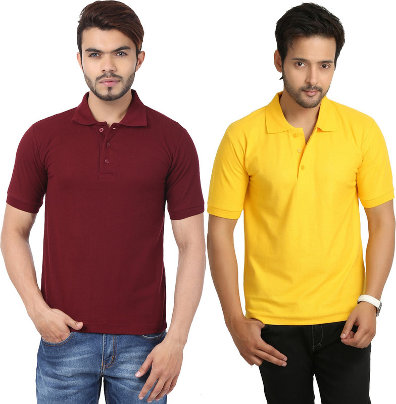 Weardo Solid Men Polo Neck Yellow, Maroon T-Shirt(Pack of 2)