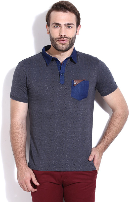 Fort Collins Printed Men Polo Neck Grey T-Shirt