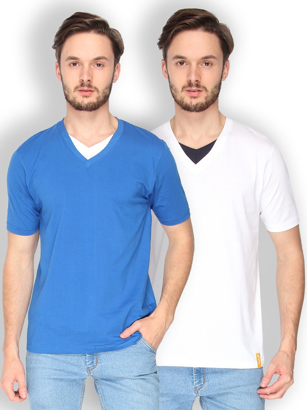 Campus Sutra Solid Men V-Neck Blue, White T-Shirt(Pack of 2)