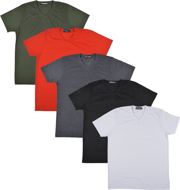 Pintapple Solid Men V-neck White, Black, Grey, Red, Dark Green T-Shirt(Pack of 5)