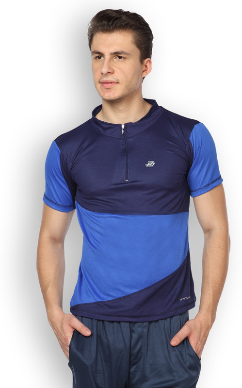 DIFFERENCE OF OPINION Solid Men Mandarin Collar Dark Blue T-Shirt