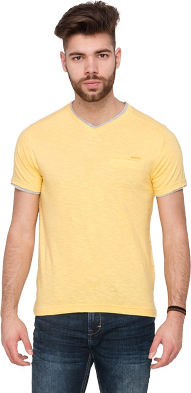 Mufti Solid Men V-neck Yellow T-Shirt