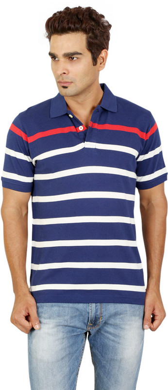 Red Line Striped Men Polo Neck Blue, White T-Shirt