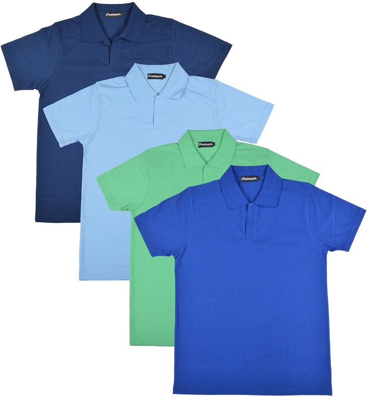 Pintapple Solid Men Polo Neck Blue, Light Green, Light Blue, Dark Blue T-Shirt(Pack of 4)
