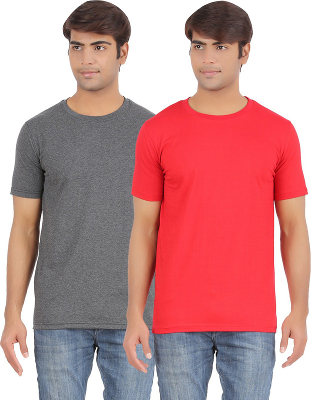Ap'pulse Solid Men Round or Crew Grey, Red T-Shirt(Pack of 2)