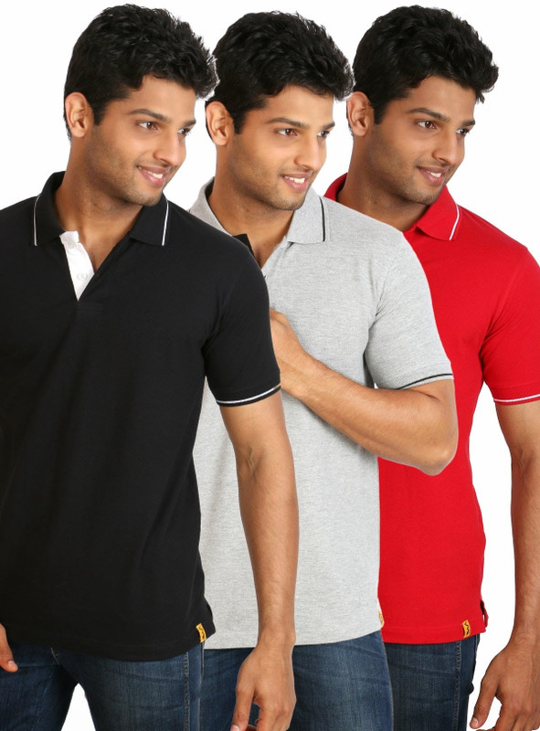 Campus Sutra Solid Men Polo Neck Black, Grey, Red T-Shirt(Pack of 3)