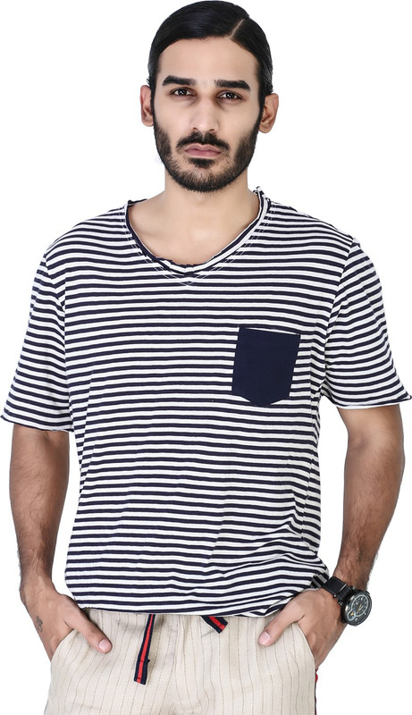 Mr Button Striped Men V-neck Blue T-Shirt