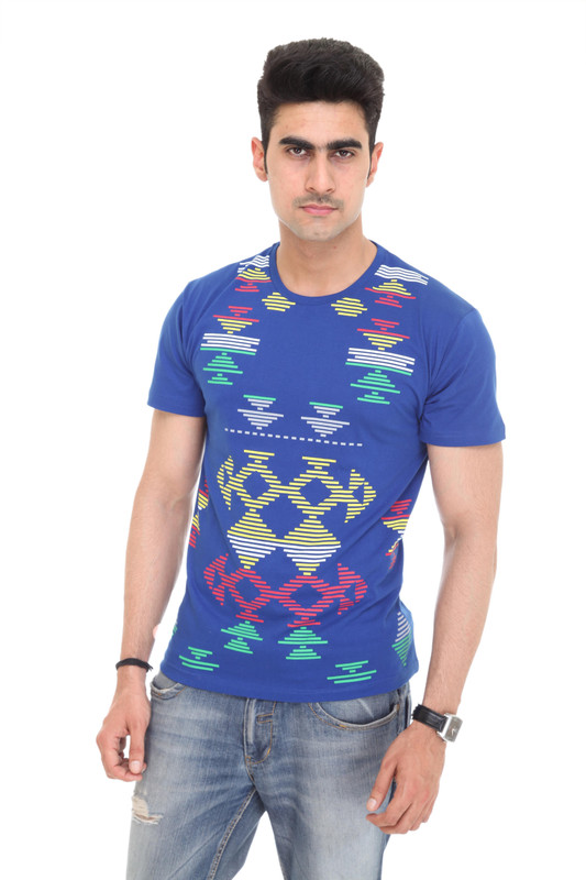 Colors & Blends Geometric Print Men Round Neck Blue T-Shirt Colors & Blends Geometric Print Men Round Neck Blue T-Shirt