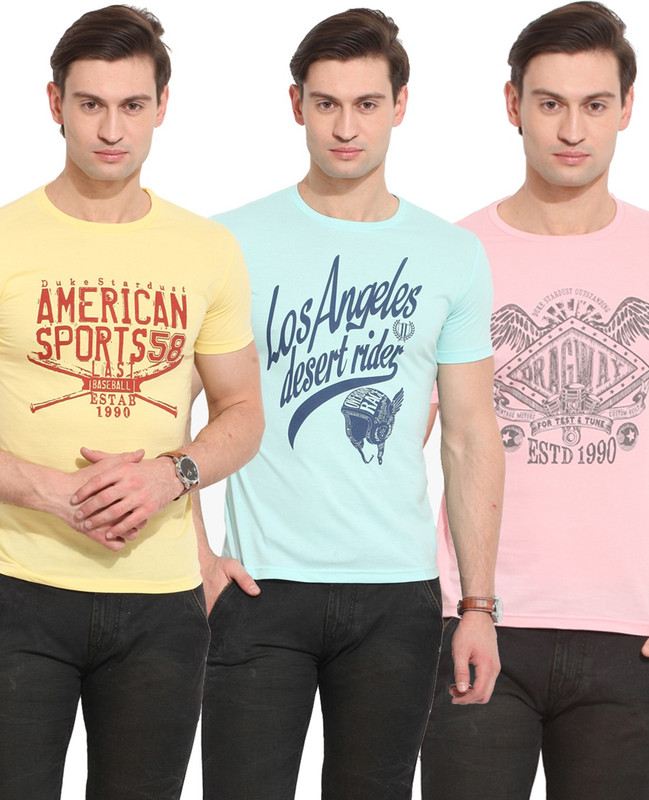 Duke Stardust Printed Men Round Neck Yellow, Light Blue, Pink T-Shirt(Pack of 3)