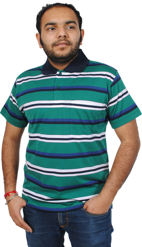 Feels Good Striped Men Polo Neck Green T-Shirt
