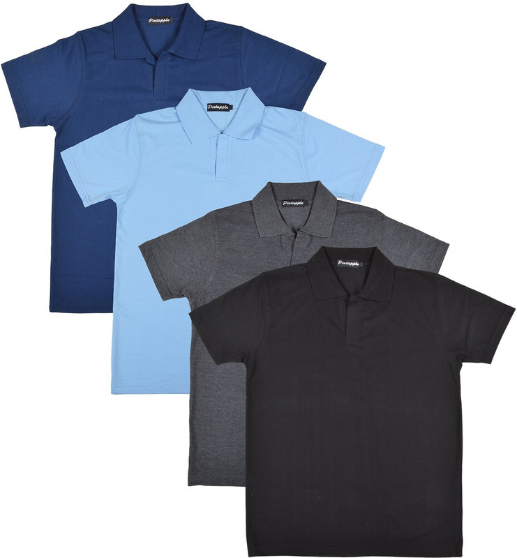 Pintapple Solid Men Polo Neck Black, Grey, Light Blue, Dark Blue T-Shirt(Pack of 4)