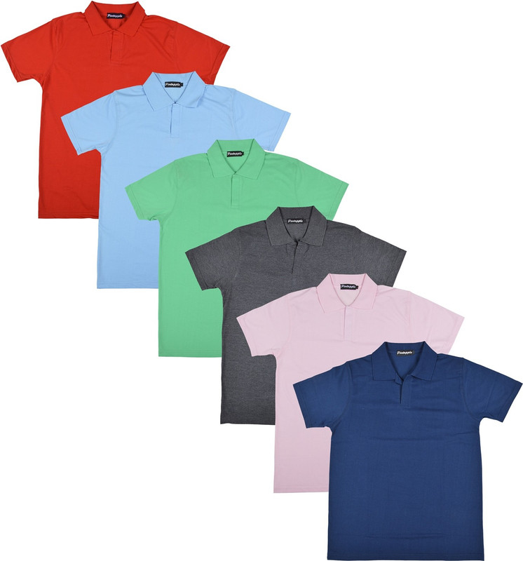 Pintapple Solid Men Polo Neck Pink, Grey, Light Green, Light Blue, Red, Dark Blue T-Shirt(Pack of 6)