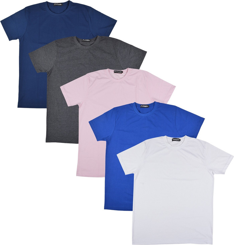 Pintapple Solid Men Round Neck White, Blue, Pink, Grey, Dark Blue T-Shirt(Pack of 5)