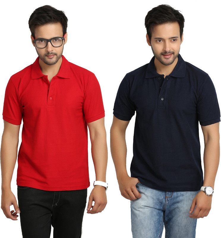 Weardo Solid Men Polo Neck Blue, Red T-Shirt(Pack of 2)