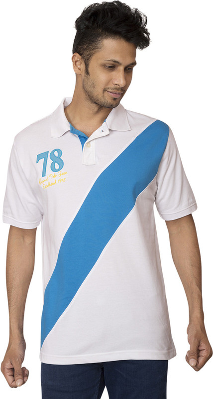 Red Line Solid Men Polo Neck White, Blue T-Shirt