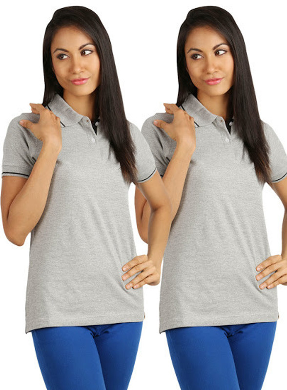 Campus Sutra Solid Women Polo Neck Grey T-Shirt(Pack of 2)