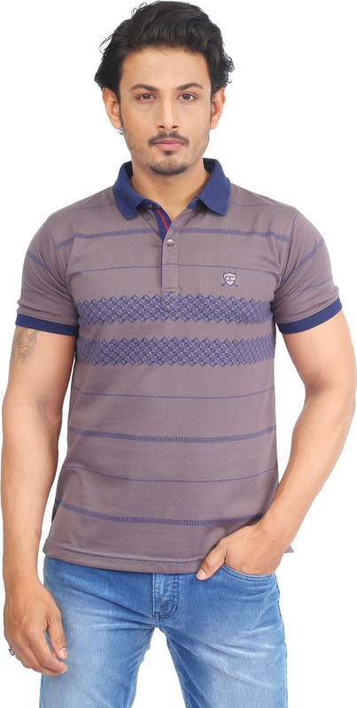 Success Striped Men Polo Neck Grey T-Shirt