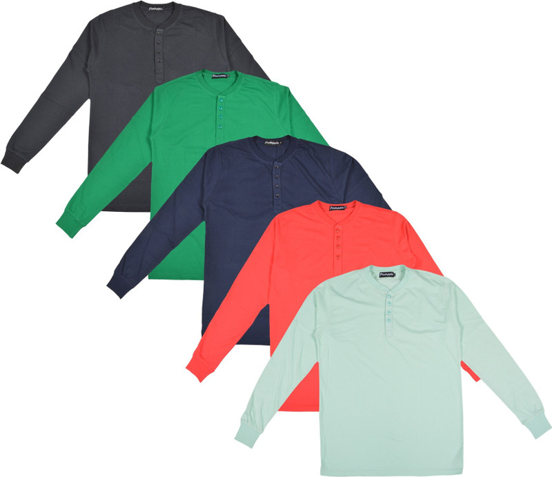 Pintapple Solid Men Henley Light Green, Red, Dark Blue, Green, Black T-Shirt(Pack of 5)