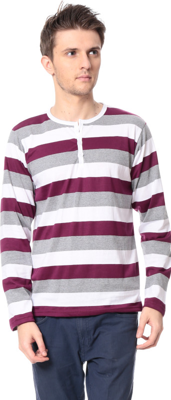 Leana Striped Men Henley Purple, White T-Shirt