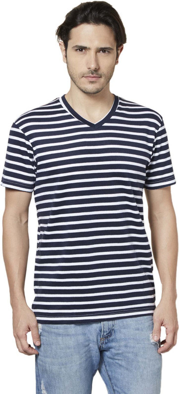 Tuna London Striped Men V-neck White T-Shirt
