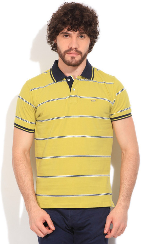 Lee Striped Men Polo Neck Green T-Shirt