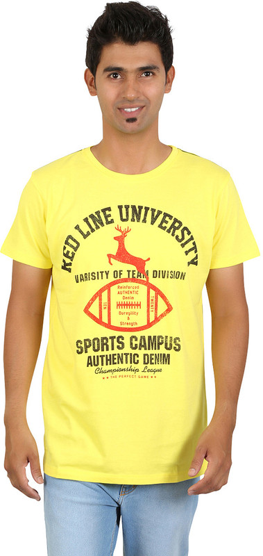Red Line Graphic Print Men Round Neck Yellow T-Shirt