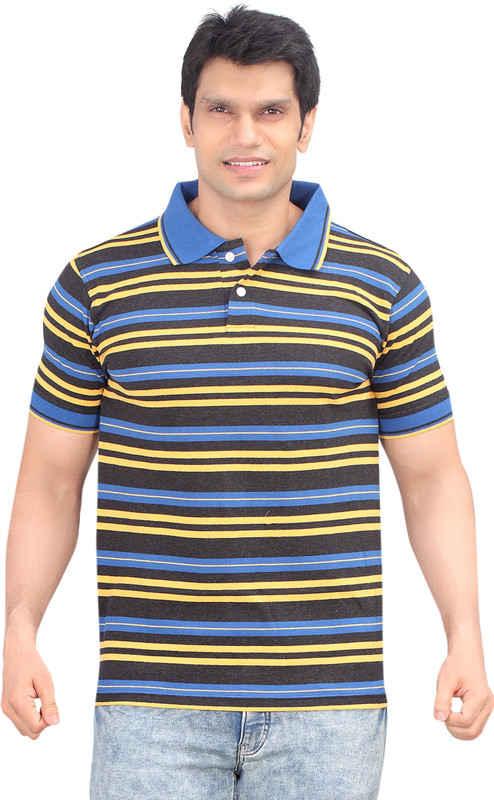Zebu Striped Men Polo Neck Blue T-Shirt