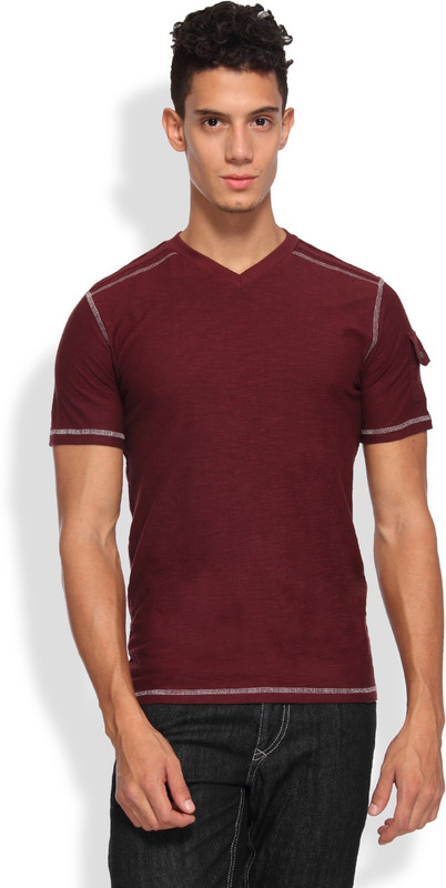 Arise Solid Men V-neck Maroon T-Shirt