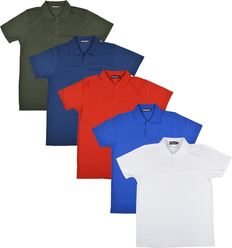 Pintapple Solid Men Polo Neck White, Blue, Red, Dark Blue, Dark Green T-Shirt(Pack of 5)