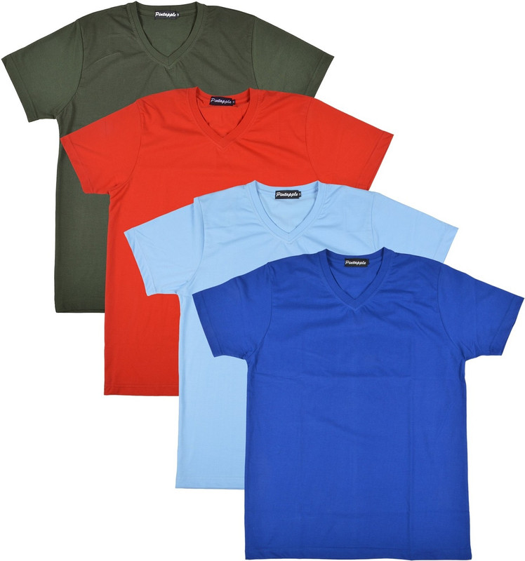 Pintapple Solid Men V-neck Blue, Light Blue, Red, Dark Green T-Shirt(Pack of 4)